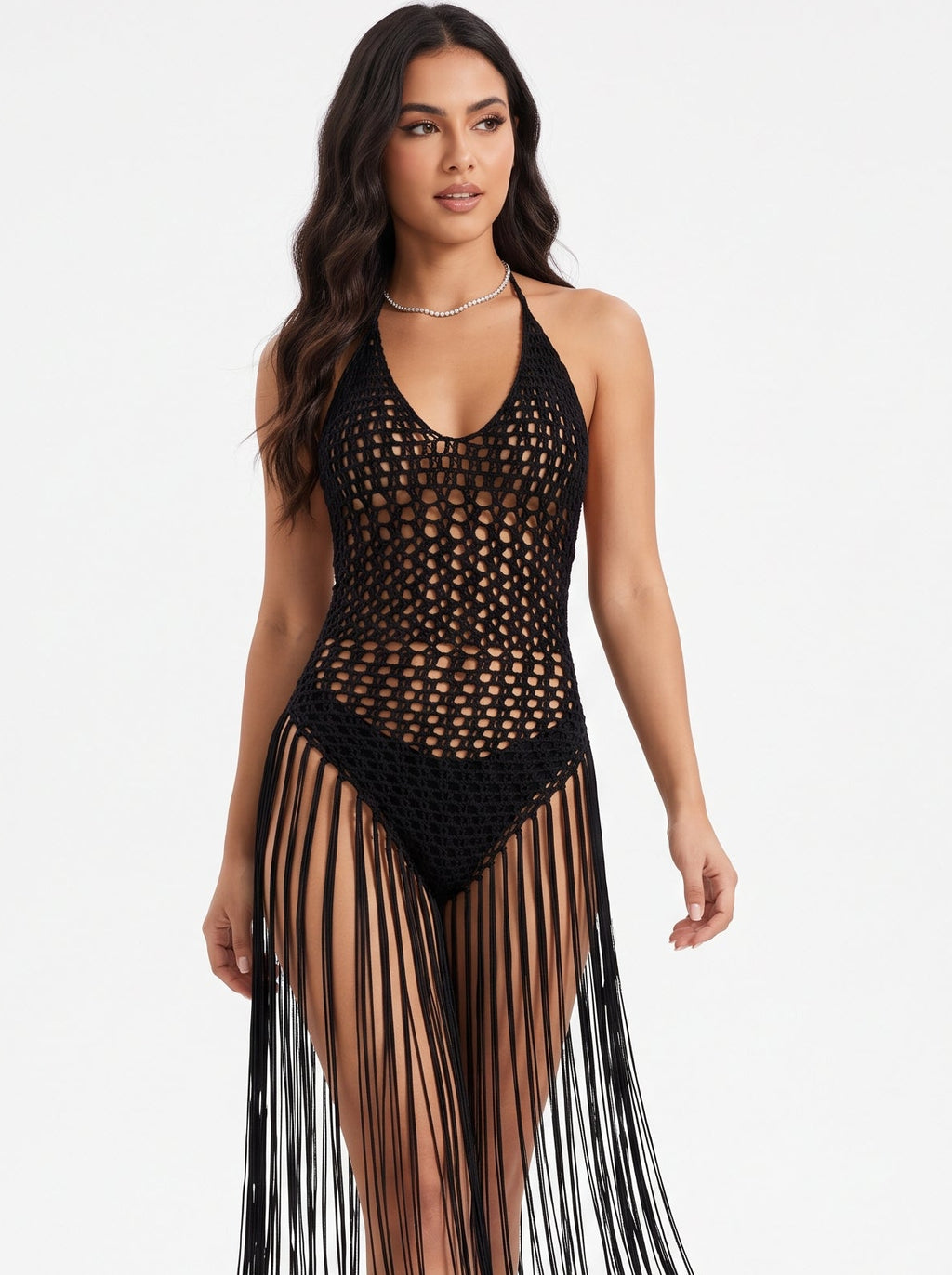 Black Crochet Halter Fringe Maxi Dress