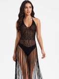 Black Crochet Halter Fringe Maxi Dress