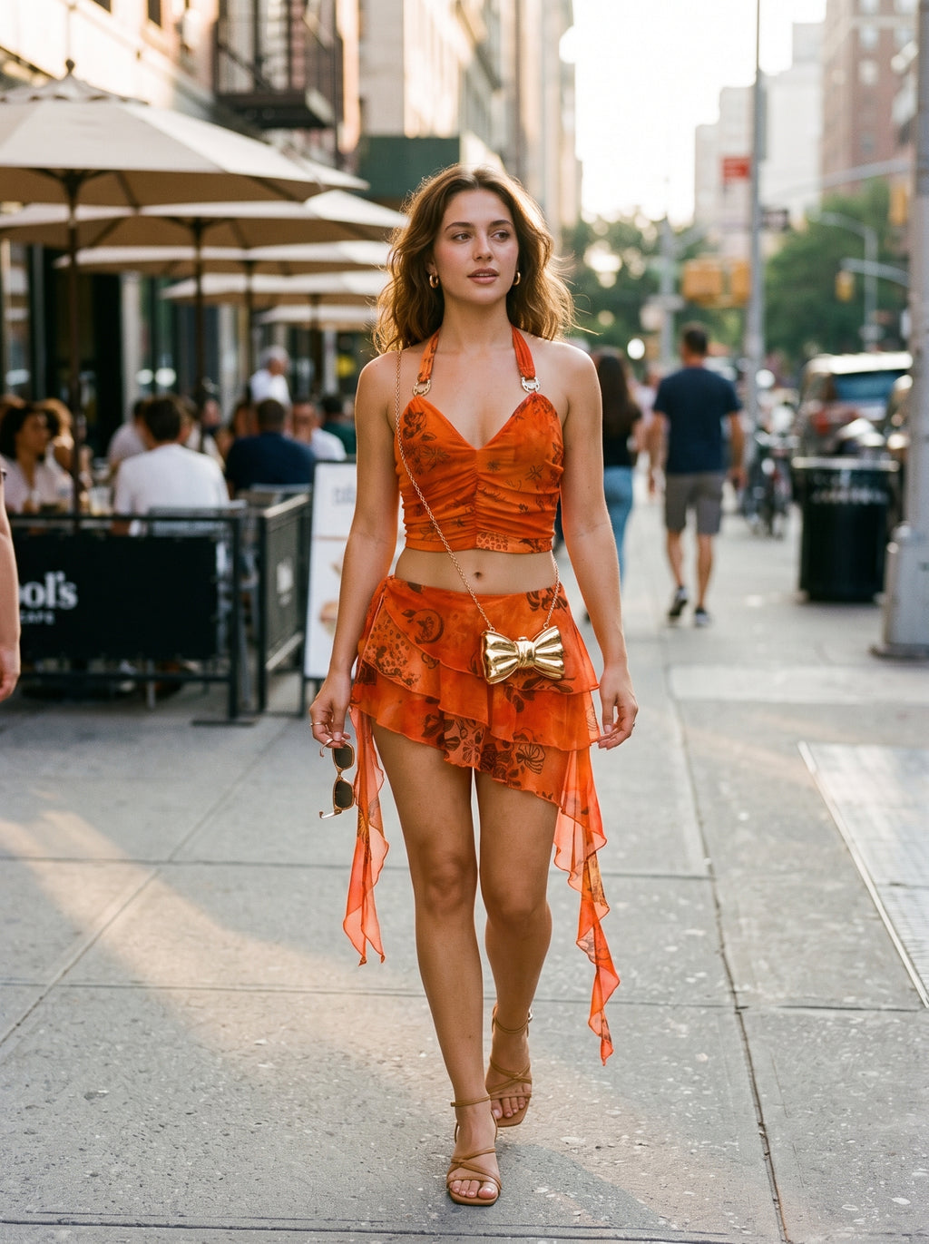 Model wearing orange floral chiffon halter crop top and layered mini skirt walking on city street